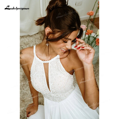 Boho Halter Sleeveless Lace Top Chiffon A Line Wedding Dress For Women Customized Bridal Gown Vestidos De Novia Robe De Mariée