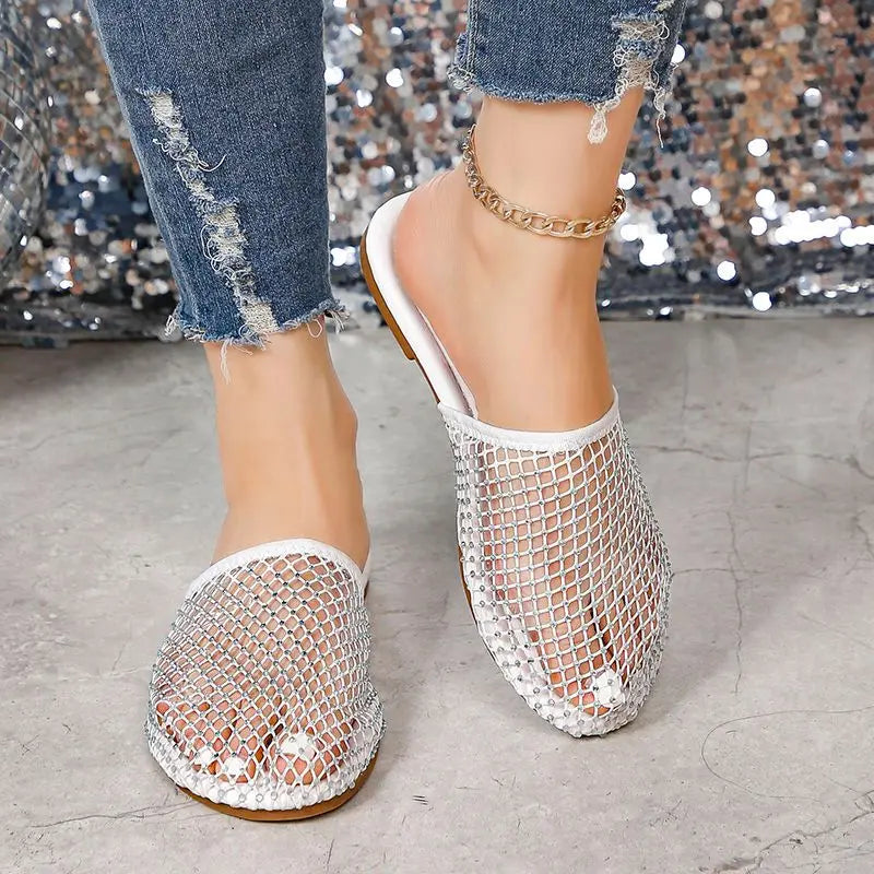 2024 Women Summer New Luxury Brand Round Head Slippers Water Diamond Large Flat Sandals Slippers