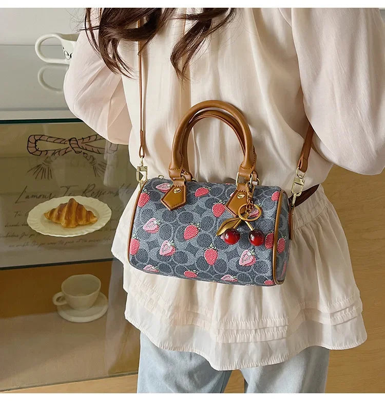 2026 Luxury Designers Crossbody Bags Cherry Pattern PU Leather Boston Handbag Shoulder Bags Bolsos Mujer Bags Woman Tote Bag