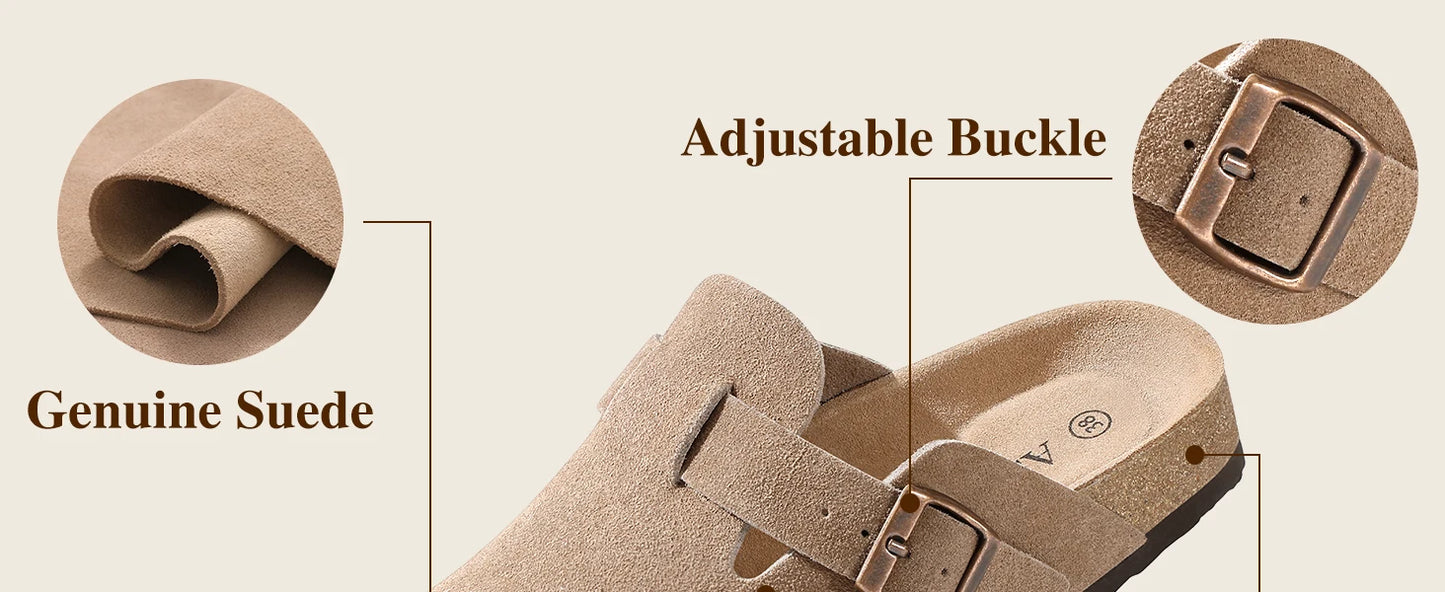 Asgard Women Suede Clogs Genuine Leather Mules Adjustable Buckle with Comfort Cork Footbed and Arch Support Aldult Potato Shoes