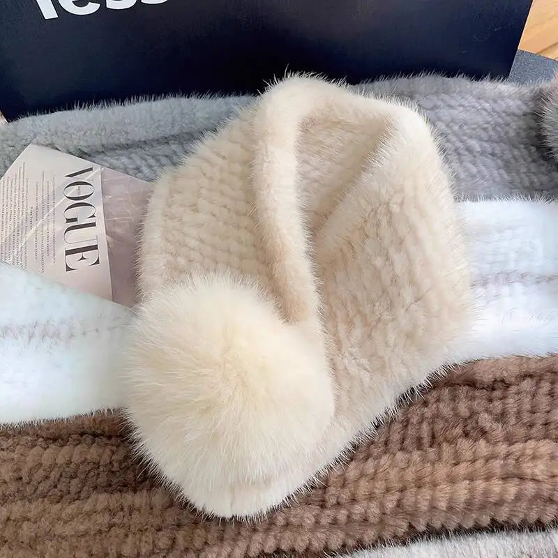 Mink Fur Scarf For Women Winter Warm Mink Fur Neck Warmer With Fox Fur Ball Double-Sided Real Fur Scarf Luxury Natural Fur Scarf