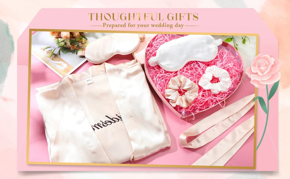 7 Pcs Bridesmaid Robe Sets Bride Silk Satin Bridal Party with Sleeping Eye Mask and Elastic Headband