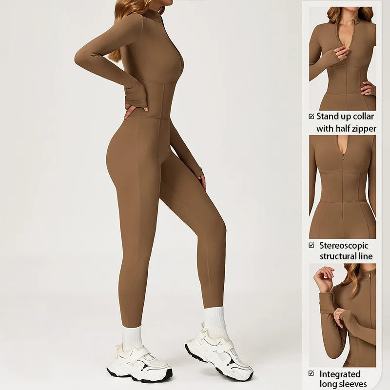 Winter Warm Fleece Sports Jumpsuits Fitness Suits Women's Sportswear Zipper Long Sleeves Tops One-Piece Dance Bodysuit Female