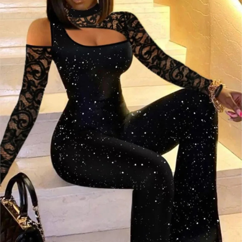 Simple Style Jumpsuits For Woman Jumpsuit Solid Color Long Sleeves Off Shoulder Lace Patchwork Slim Fashion High Neck Commuting