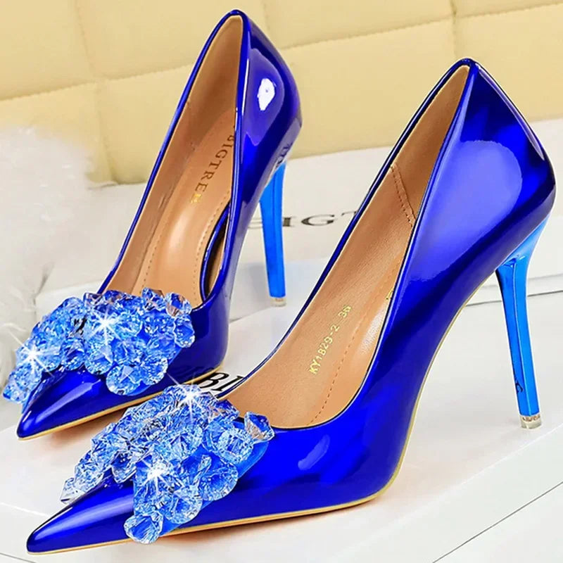 Women 10.5cm High Heels Glossy Leather Drag Queen Banquet Dress Pumps Lady Luxury Crystal Bow Stiletto Blue Green Red Prom Shoes