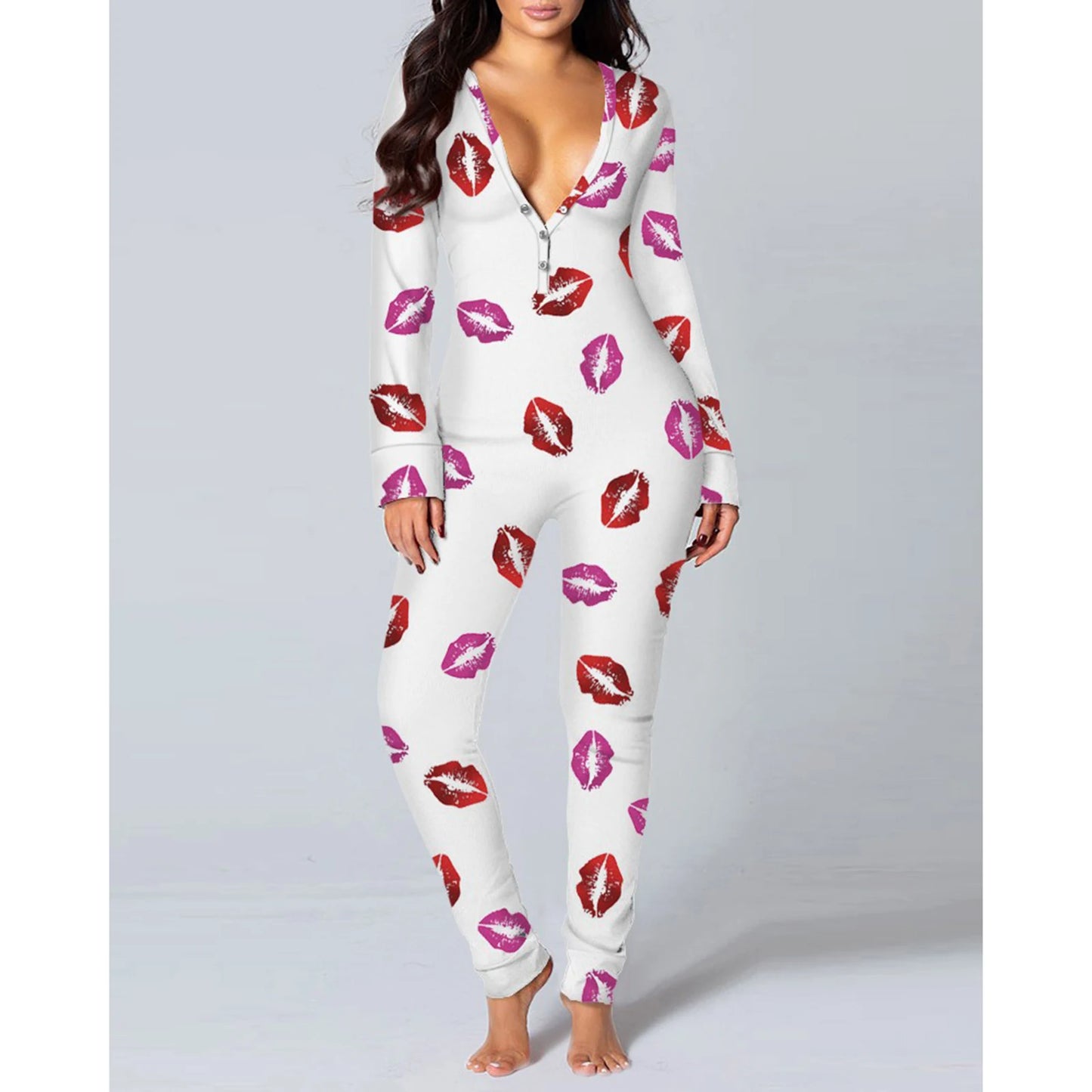 Combhasaki Women Sleeping Rompers Pajamas  Long Sleeve V-Neck Printed Slim Detachable Crotch Elastic Homewear Jumpsuits