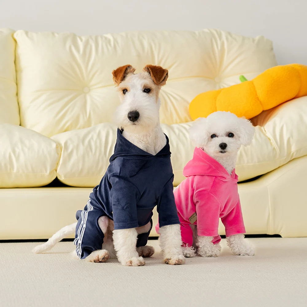 Soft Velvet Dog Jumpsuit Puppy Pajamas Onesie with Hoodie Pet Apparel Spring Autumn Cozy Dog Clothes for Small Medium Dogs