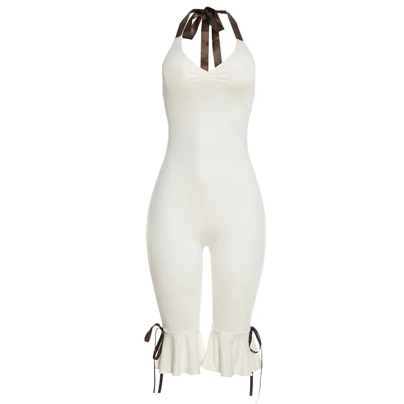 Summer Lace Up Halter Bow Y2K Jumpsuit Women Sexy V Neck Backless Bandage Skinny Party Club Rompers Beach Holiday Overall Outfit