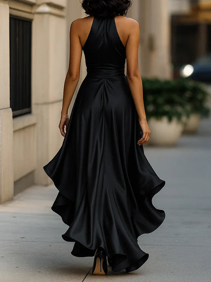 Women's Deep V-Neck Ruffled Evening Gowns Solid Lace-Up High Waist Satin Party Dresses Elegant Temperament Wedding Guests Dress