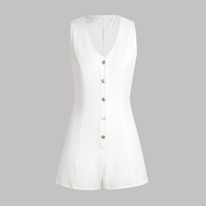 Women's Playsuit Summer Sleeveless Jumpsuit White Button Front Wide Leg Shorts Fashion Casual Office Commute Romper