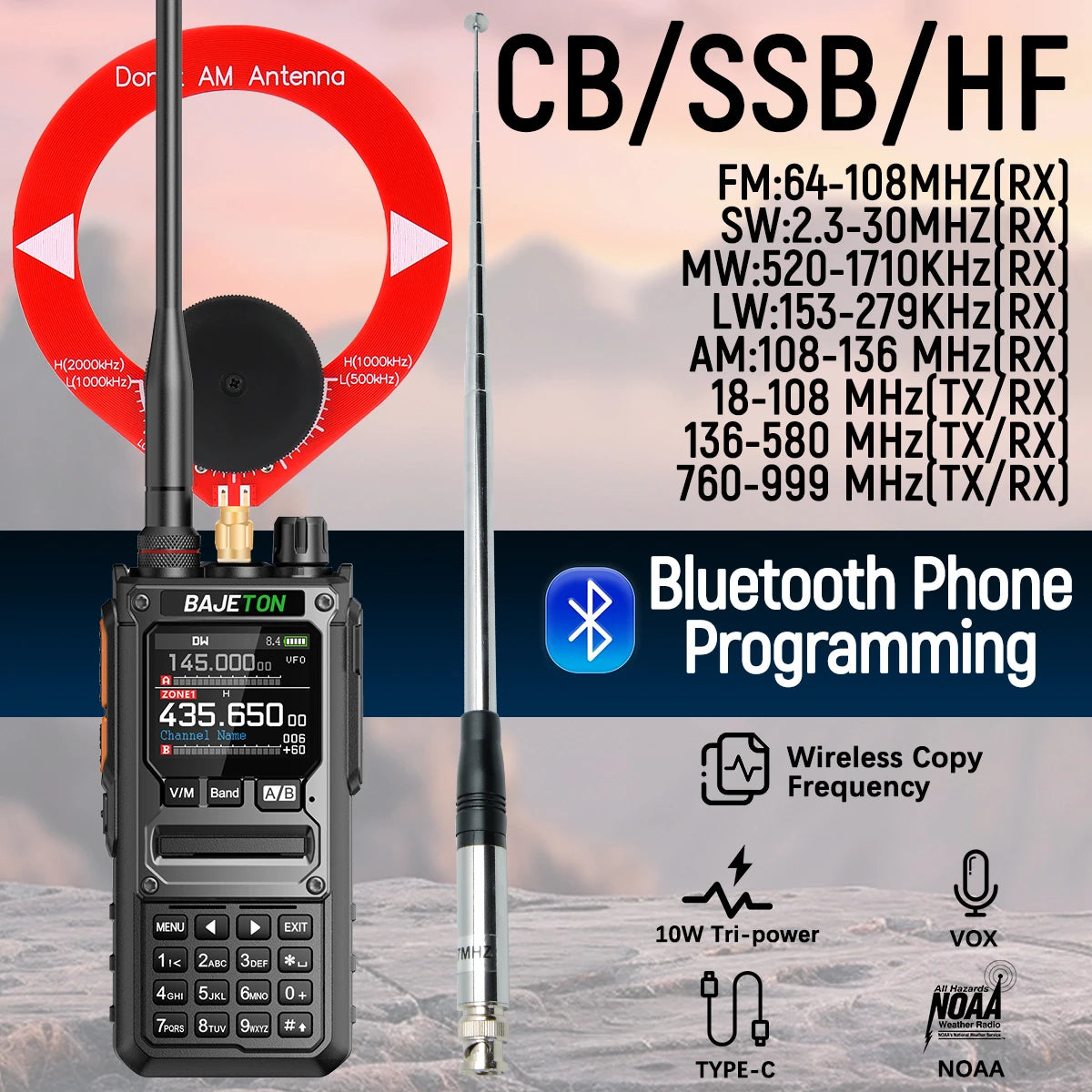 BAJETON BJ-7800 Walkie Talkie Long Range SW MW LW AM SSB CB 10W Receive Wireless Bluetooth Phone Programming NOAA Two Way Radio