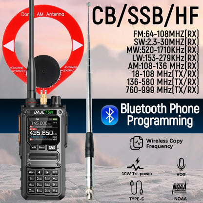 BAJETON BJ-7800 Walkie Talkie Long Range SW MW LW AM SSB CB 10W Receive Wireless Bluetooth Phone Programming NOAA Two Way Radio