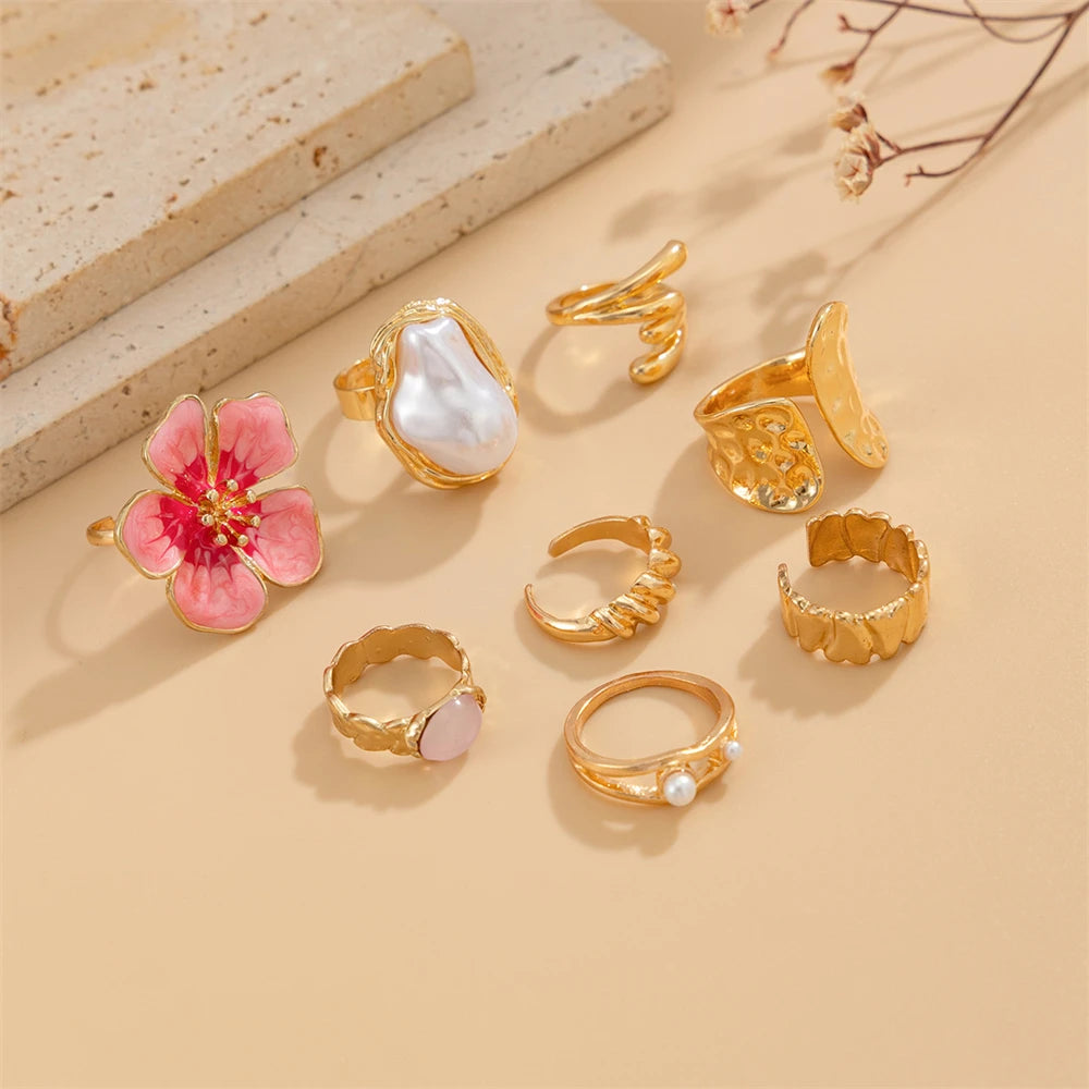 8Pcs/Set Vintage Pink Metal Flower Ring Set for Women Punk Elegant Baroque Pearl Knuckle Joint Ring Party Daily Wear Jewelry