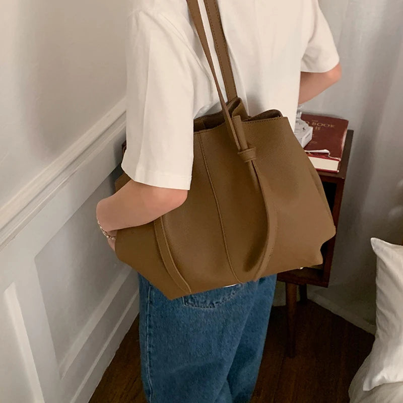 Luxury Designer Women's Soft PU Leather 2-in-1 Shoulder Tote Bag Set Big Capacity Branded Shopper Handbags Gray Blue PinkTan