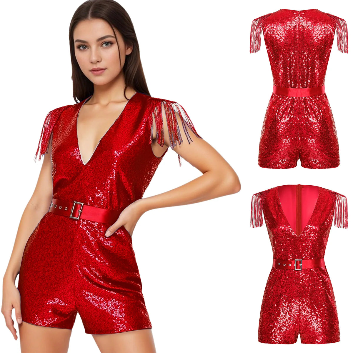 Women Hot V-neck Sequined Tassels Party Jumpsuits Fashion Romper Sparkly with Belt Music Festival Rave Disco Clubbing Costume
