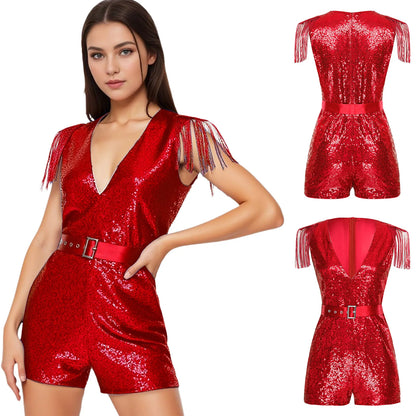 Women Hot V-neck Sequined Tassels Party Jumpsuits Fashion Romper Sparkly with Belt Music Festival Rave Disco Clubbing Costume