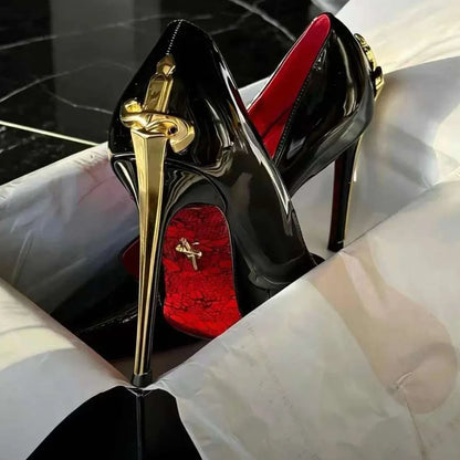 Early Spring New Women's High Heels, Slim Heels, Pointed Metal Sword, sexy Ladies, Black Patent Leather Single Shoes