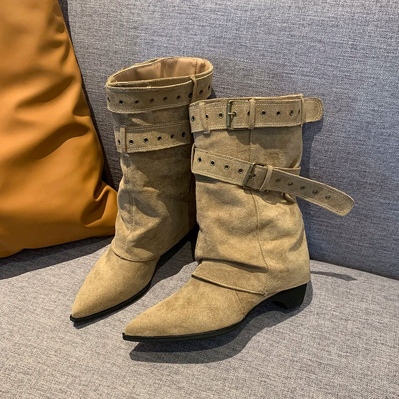 2025 Pointed Toe Women's Winter Boots Designer Mid Heels Elegant Shoes Pumps Fashion Boots New Trend Dress Gothic Ladies Boots