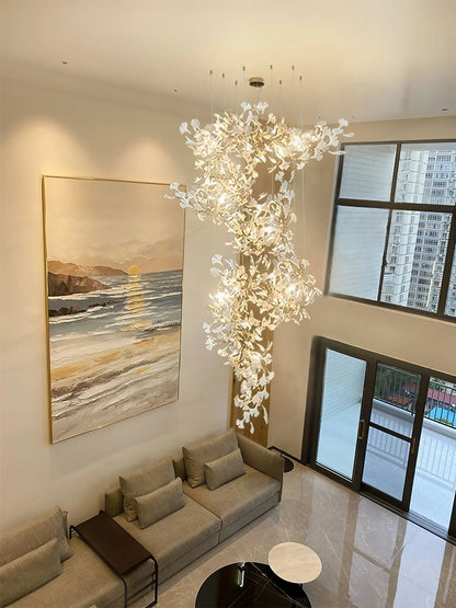 High Ceiling Ginko Leaf Chandeliers for Duplex Staircase Long Gold Leaf Pendant Hanging Chandelier for Vila Table Lobby Hotel