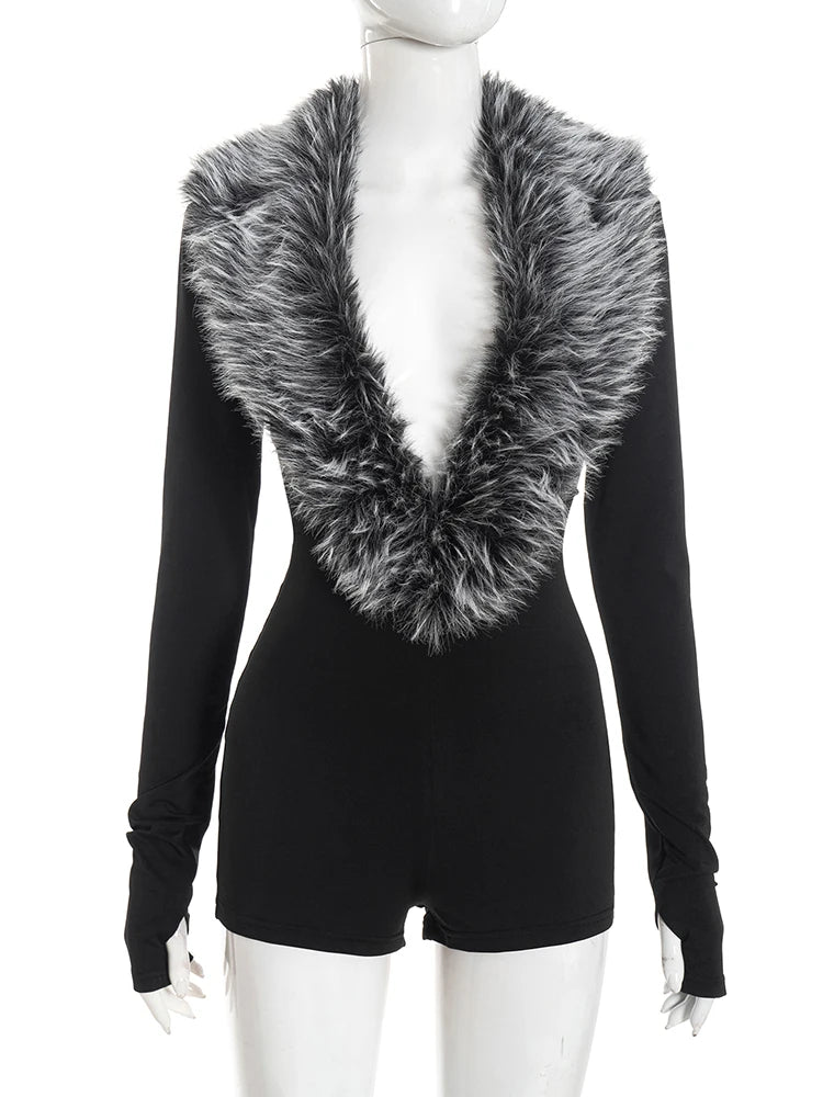 Weird Puss Luxury Fur Deep V Collar Romper Women Full Sleeve Sexy Skinny Fitness Activity Streetwear Hipster Workout Playsuit