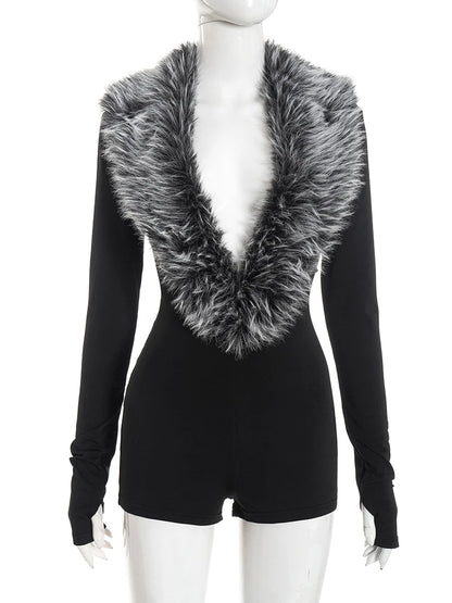 Weird Puss Luxury Fur Deep V Collar Romper Women Full Sleeve Sexy Skinny Fitness Activity Streetwear Hipster Workout Playsuit