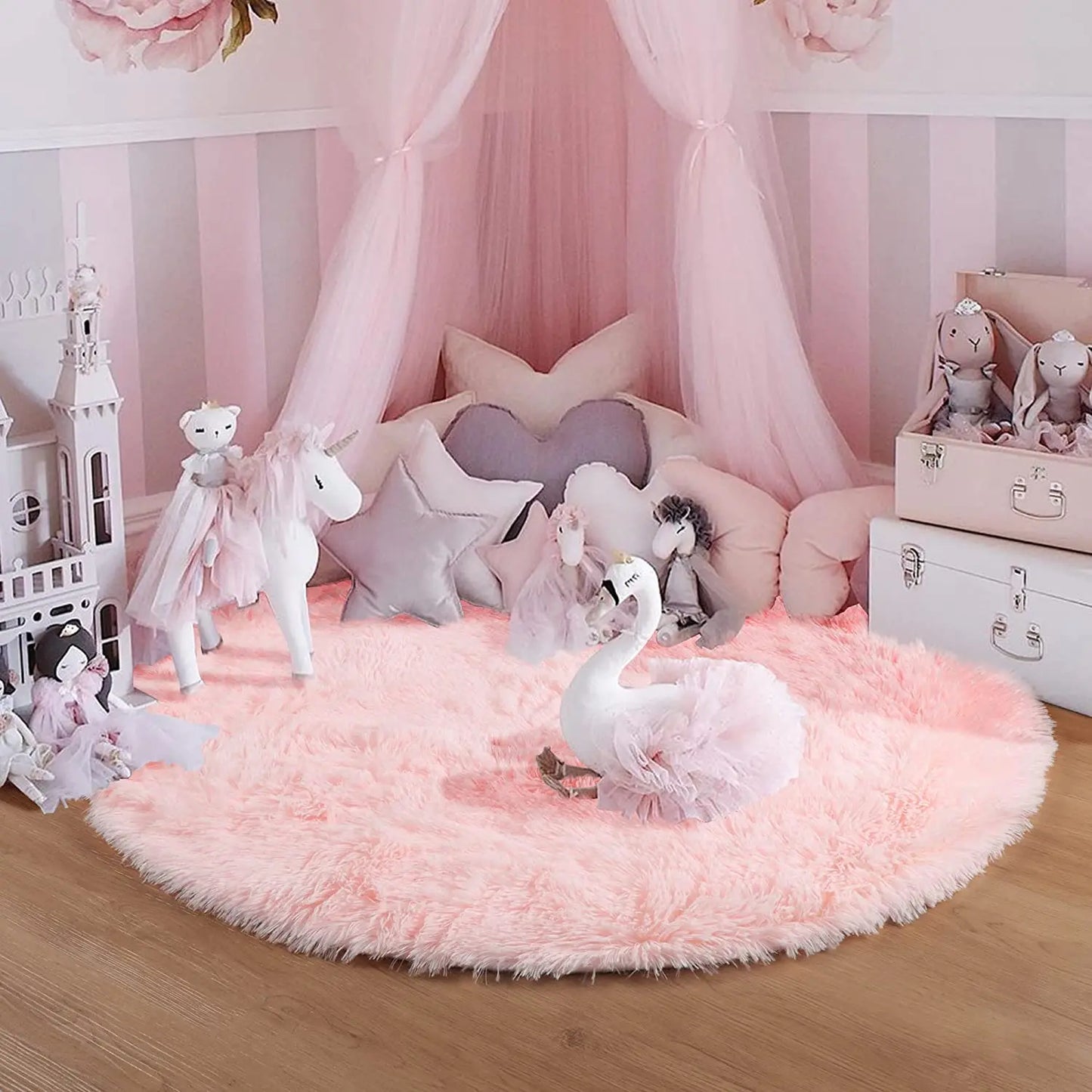 60/80/100/120/140/160 Round Rug Rainbow Fluffy Soft Area Rugs for Kids Girls Room Plush Shag Carpet Cute Circle Bedroom Decor