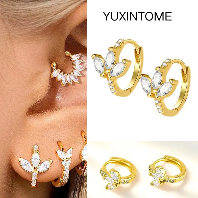 White Color Zircon Hoop Earrings 925 Sterling Silver Needle Cross/Star/Flower/Water Drop Pendant Gold Earrings Luxury Jewelry