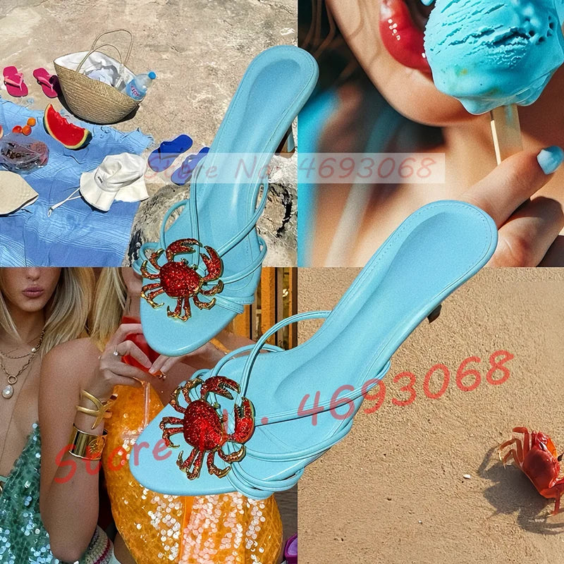 Rhinestone Shell Crab Decal Heeled Mules Women Elegant Beach Shallow High Heels Shoes Luxury Bling Cross Strap Fashion Slippers