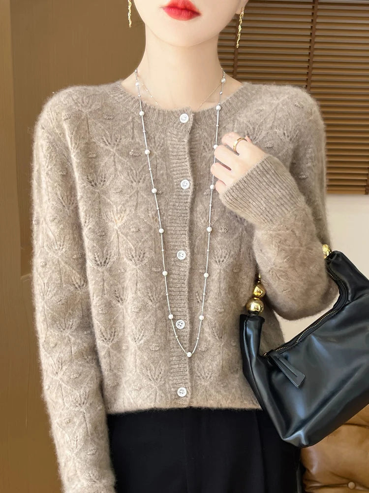 New Autumn Winter Soft Warm Cardigan Woman Cashmere Sweater O-neck Women 100% Merino Wool Sweater Loose Fit Hollow out Top Coat