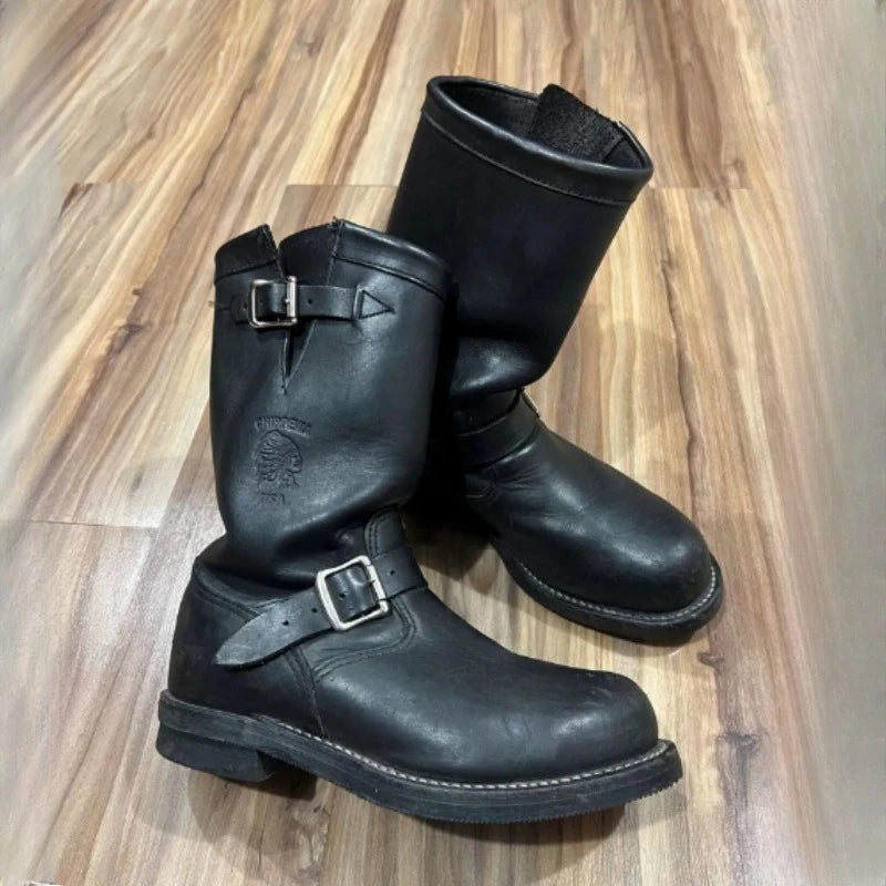 Handmade Vintage Velvet Khaki Work Boots Men's American Style Mid-Calf Retro Thick Bottom Belt Buckle Motobike Leather Boots