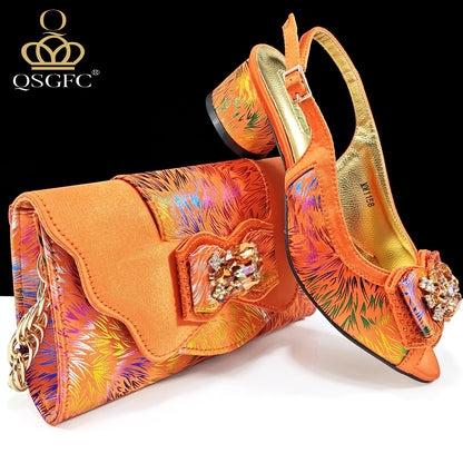 QSGFC Italian Design Color Matching Rhinestone Comfortable High Heel Shoes And Bag Fashion Style Pointed-Toe Shoes For Women