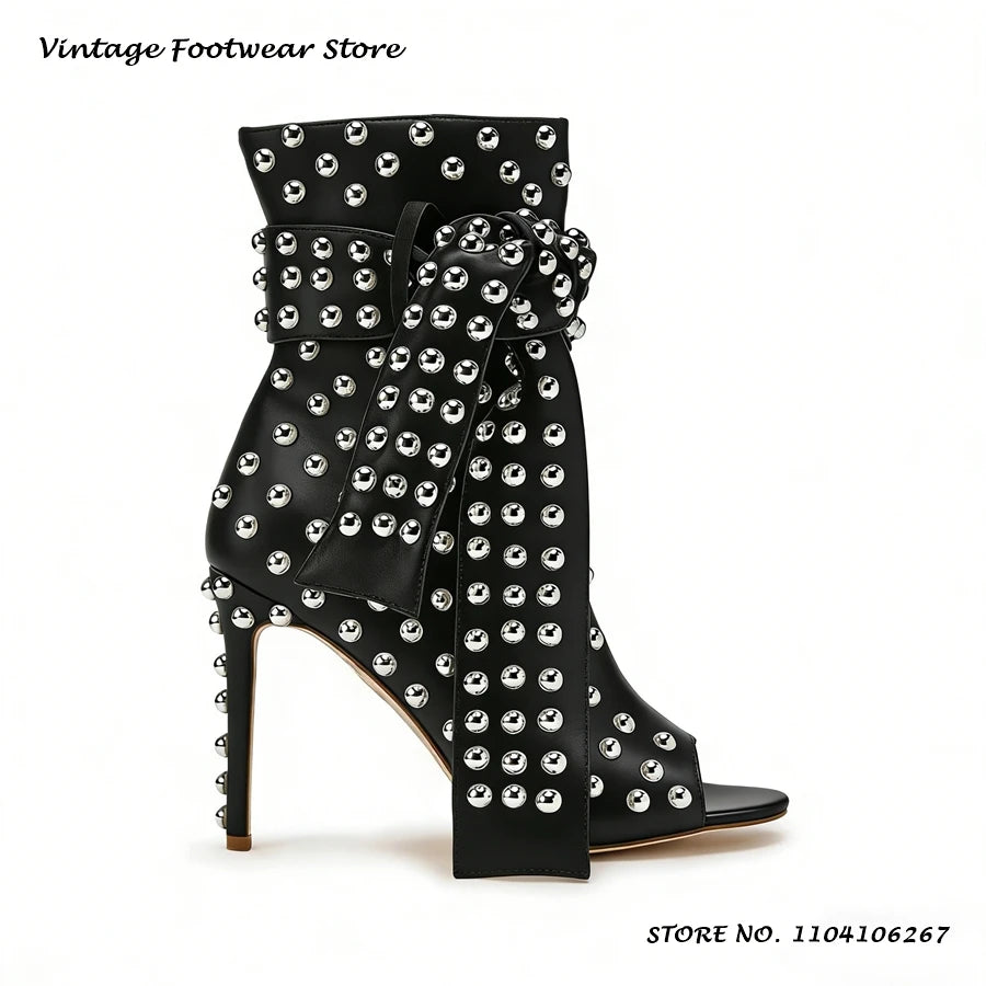 Studded Embellished Summer Boots Chic Round Open Toe Thin Heels Party Outfits Shoes Women's Fashion Casual Lace-up Ankle Boots