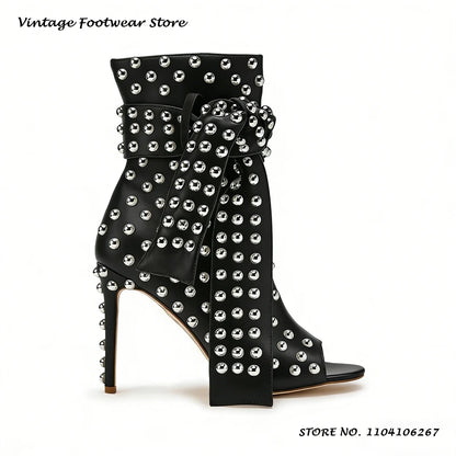 Studded Embellished Summer Boots Chic Round Open Toe Thin Heels Party Outfits Shoes Women's Fashion Casual Lace-up Ankle Boots