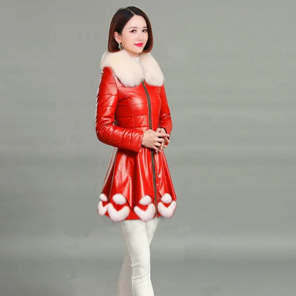 2026 Women Winter Jacket Coat Fashion Leather Cotton Coat Parker Mid Long Imitation Fox Fur Hooded Slim Warm PU Leather Overcoat