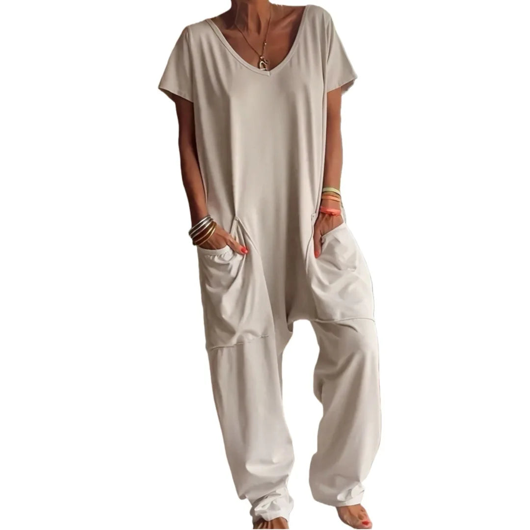 Women Summer Solid V Neck Jumpsuit European Hot Oversized Pockets Low Crotch Loose Rompers Ladies Casual Daily Outfit