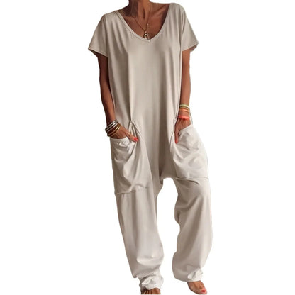 Women Summer Solid V Neck Jumpsuit European Hot Oversized Pockets Low Crotch Loose Rompers Ladies Casual Daily Outfit