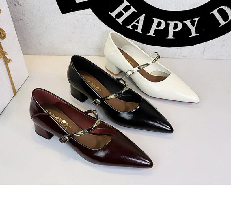 Women Korean Vintage Soft Split Cow Leather Pointed Pumps Simple Single Metal Buckle Strap Mid Chunky Heel Comfort Office Daily