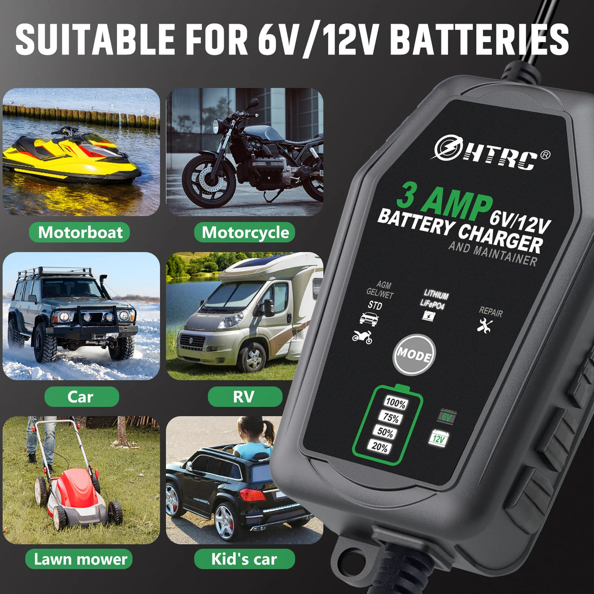 HTRC 6V 12V 3000mA Smart Battery Charger Automatic for Trickle Lithium LiFePO4 Lead-Acid Batteries Car Motorcycle Charger