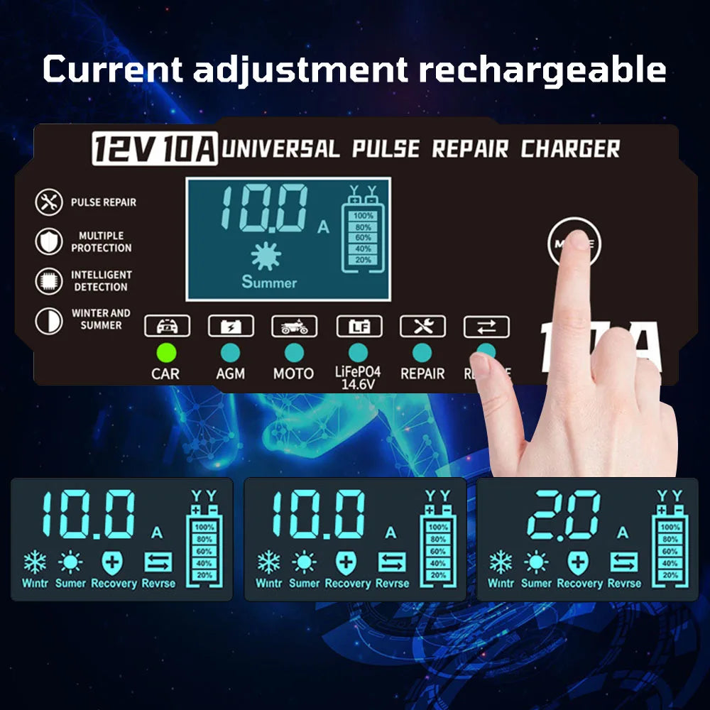 Car Battery Charger Intelligent Smart Battery Charging Universal 12V 10A/6A Fast Power Charging Pulse Repair Tools For SUV Motorcycle Truck RV