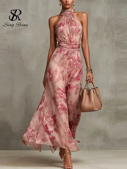 SINGREINY Elegant Green Floral Halter Chiffon Maxi Dresses Trendy Sleeveless A-line 2026 Women Floral Wedding Guest Party Dress