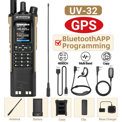 BAOFENG UV-32 GPS Walkie Talkie Long/Short Battery Wireless Copy Frequency Bluetooth Programming 1000CH Multi Band Two Way Radio
