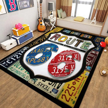 Route 66 Motorcycle Pattern Print Flannel Area Rug Americana Theme Soft Comfortable Floor Mat For Living Room Bedroom