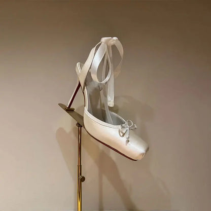 New 2026 Summer Women's Nude Satin Lace-Up Bow Heel Closed Square Toe Sandals Ballet Shoes Luxury Dress Slingback Ladies Pumps