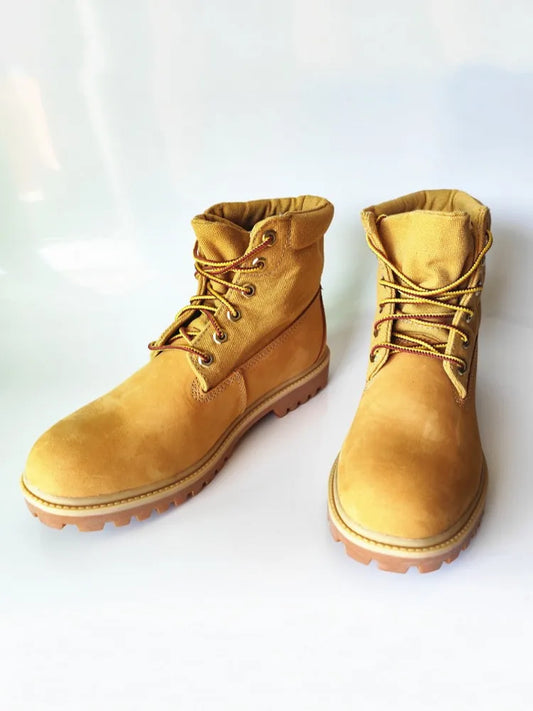 Vintage Handmade Mens Comfortable Winter Cowhide Genuine Leather Spliced Canvas Work Shoes Lace Up Ankle Boots Outdoors Designer
