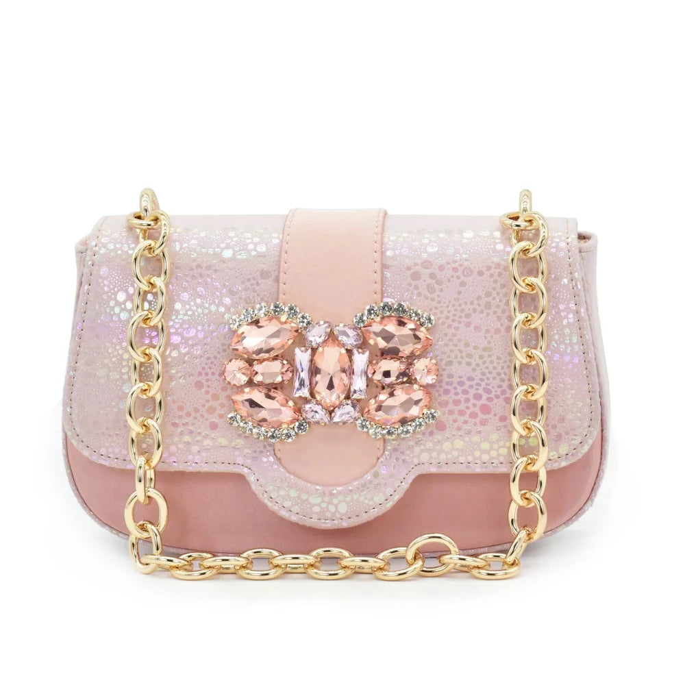New Arrival Nigerian Women Heel Party Shoes and Bag Set Champagne Colour Rhinestone Handbag Italian Design Wedding