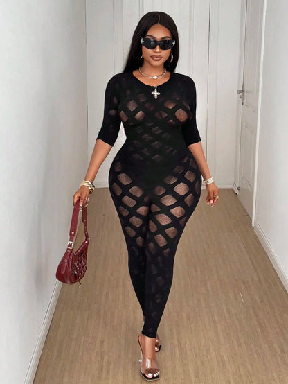 Women's Plus Size Sexy Jumpsuit See Through Sheer Mesh Bodycon High Waist Stretchy Web Pattern Slim Fit Jumpsuit for Club Party