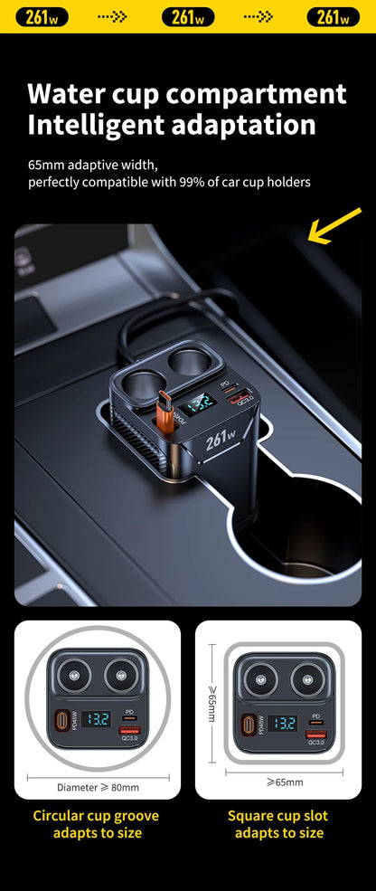 7 in 1 Cigarette Lighter Adapter Cup Holder 261W Car Charger Adapter with PD45W Charge 24V/12V Cigarette Lighter LED Voltmeter