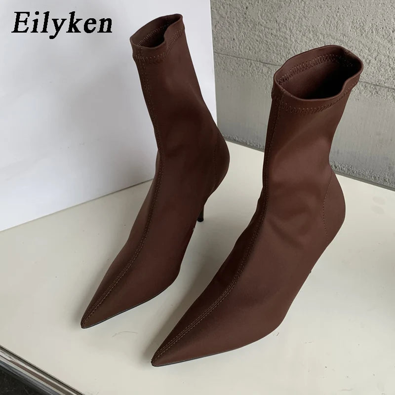 2026 New Spring Autumn Stretch Fabric Women Ankle Boots Sexy Pointed Toe High Heels Fashion Female Socks Pumps Shoes