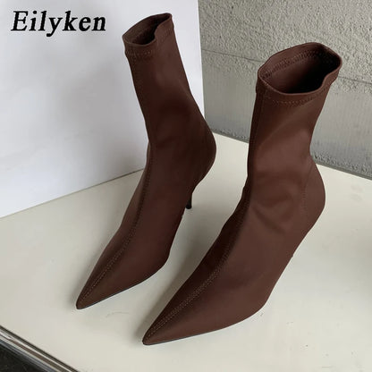 2026 New Spring Autumn Stretch Fabric Women Ankle Boots Sexy Pointed Toe High Heels Fashion Female Socks Pumps Shoes