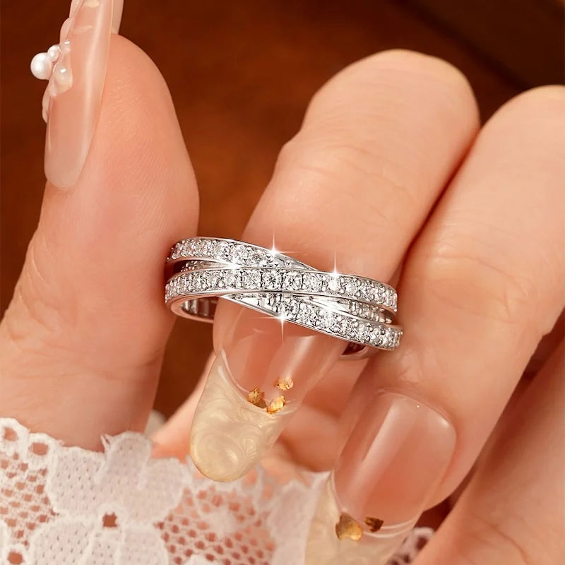 Rrjzz Light Luxury Full Moissanite Eternal Ring for Women Three-layer Cross D-Color Lab Imitation Diamond Birthday Jewelry Gifts